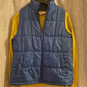 Ann Taylor Mustard Sweater with a Blue Reversible Vest set… and Earrings …..